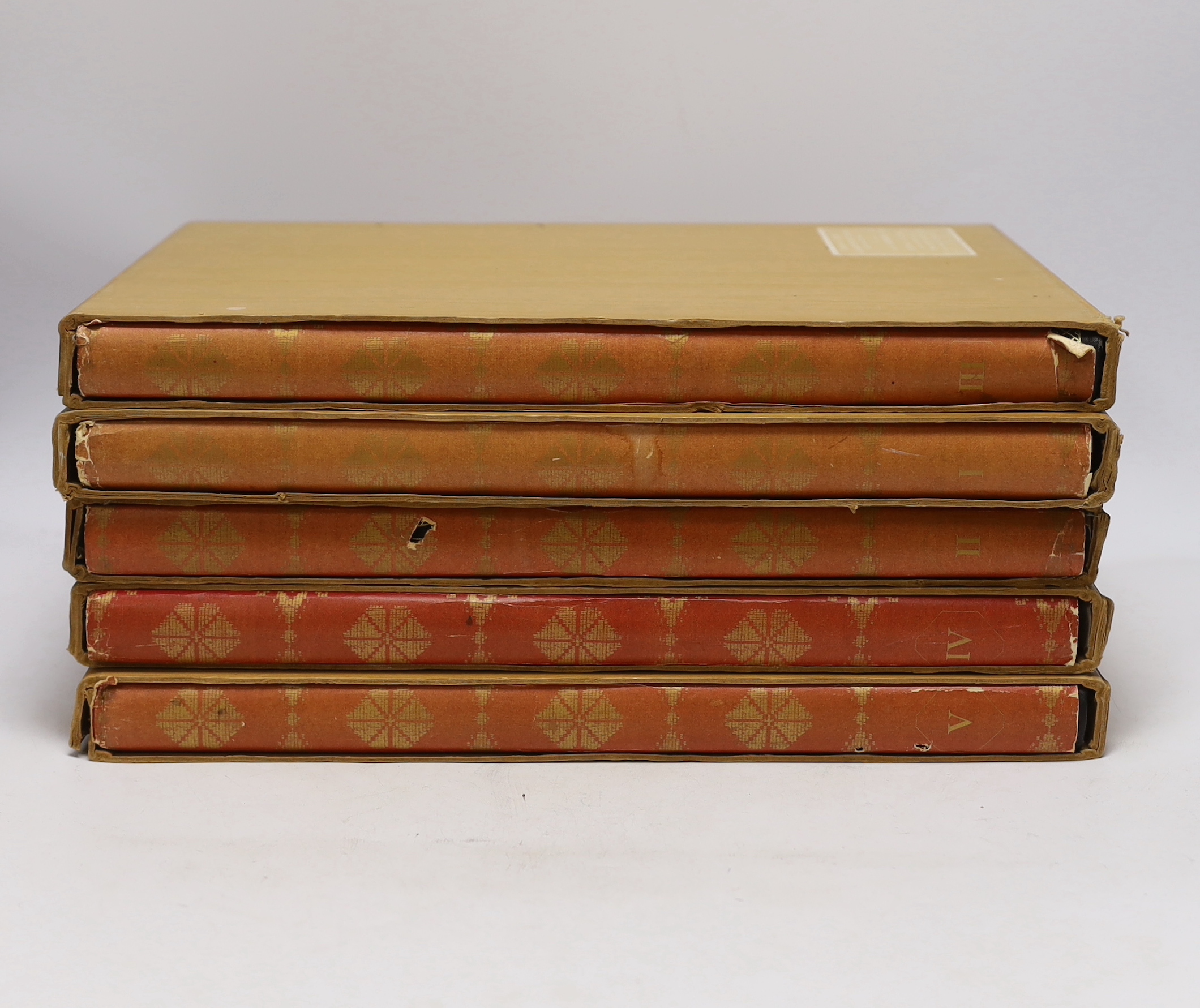 Man-Fong, Lee - Paintings and Statues from the Collection of President Sukarno of the Republic of Indonesia. 5 vols. many captioned plates throughout; publisher's gilt cloth, in d/wrappers, pattern e/ps and slipcases, fo